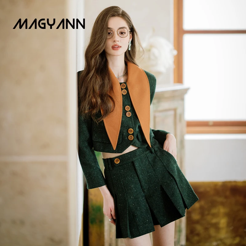 Magyann/昧宴【日落森林】腰带百褶短裤-墨绿