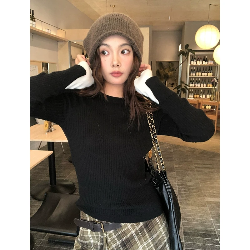 任小艺12/10 极细丝光羊毛14针撞色袖假两件打底毛衣女秋冬