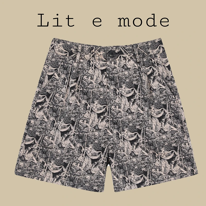 Lit e mode复古显瘦高腰印花短裤女夏季薄款宽松休闲阔腿裤A1338