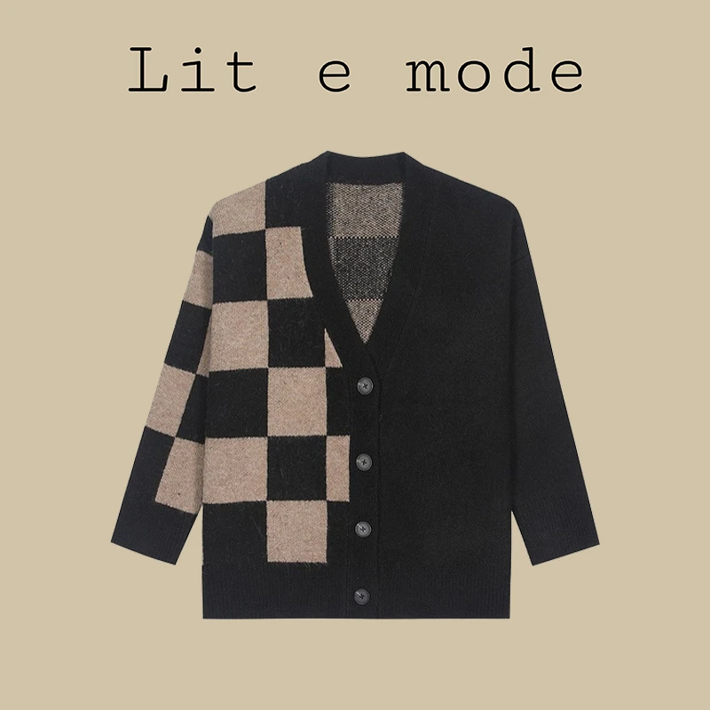 Lit e mode 棋盘格毛衣开衫外套女日系复古软糯慵懒风v领针织衫冬