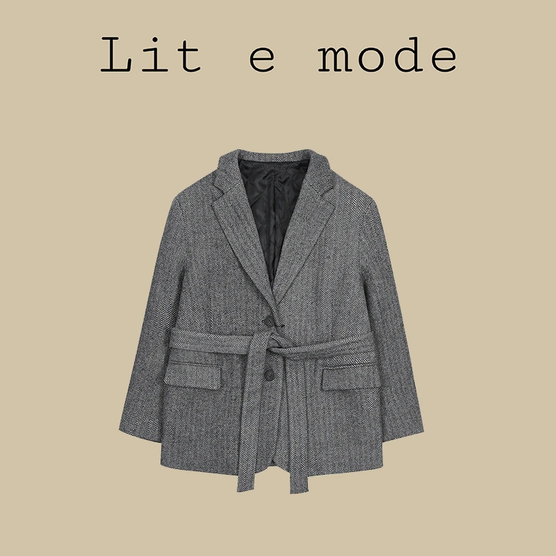Lit e mode休闲人字纹毛呢西装外套女冬季加厚高级短款大衣A1222
