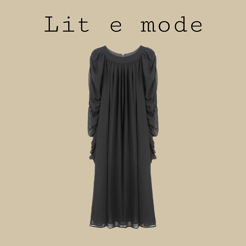 Lit e mode赫本风长袖气质黑色连衣裙女遮肉显瘦长裙春 A1531
