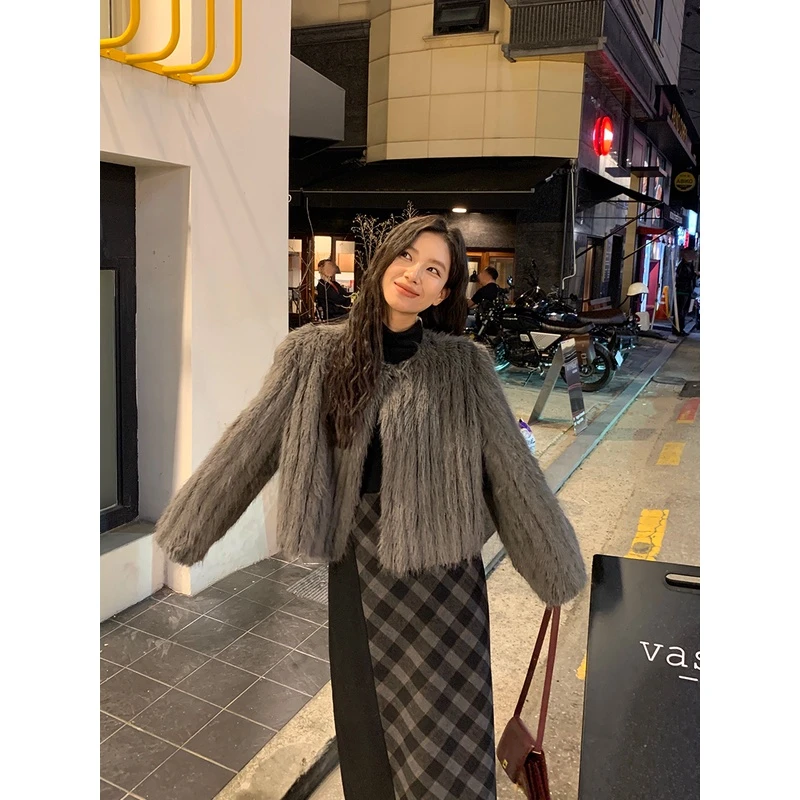 Lit e mode 灰色环保仿貂毛毛外套短款大衣