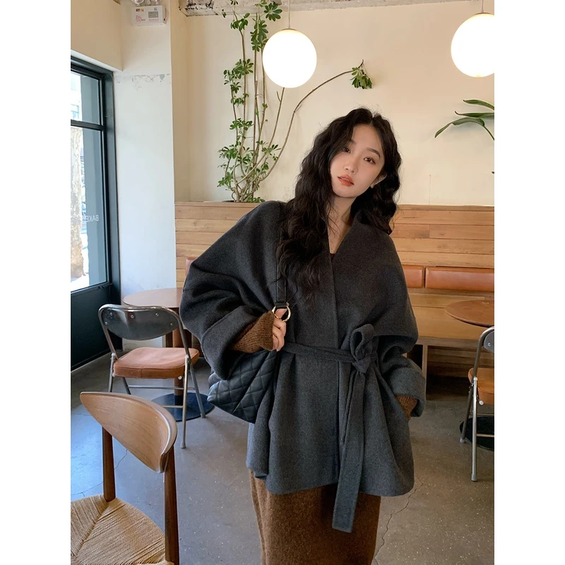 任小艺V领斗篷双面呢大衣韩系毛呢外套 A1877