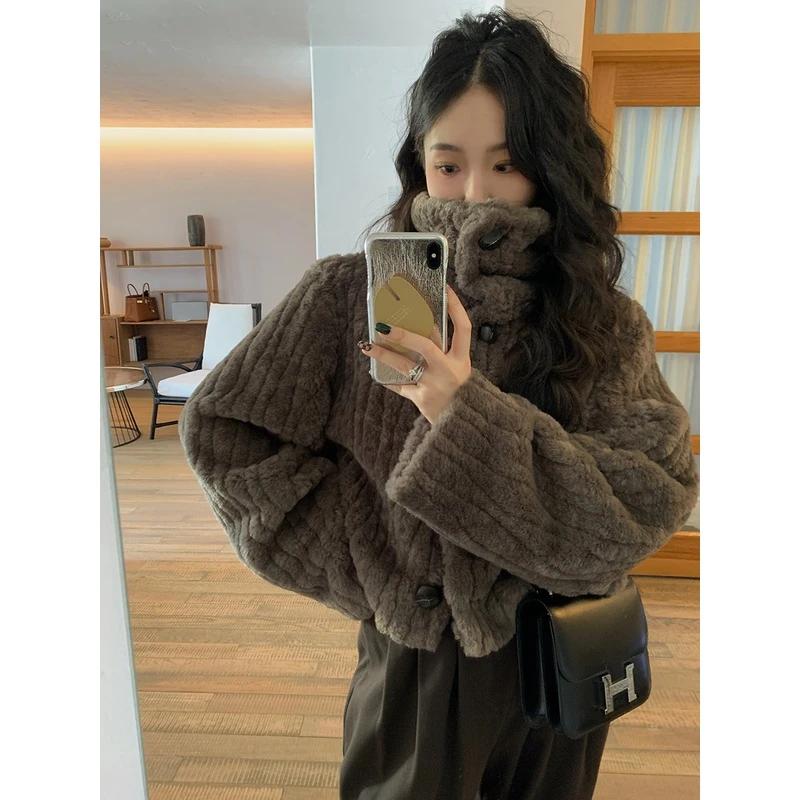 Lit e mode秋冬新款加厚短款大衣复古立领保暖毛绒绒外套女小个子