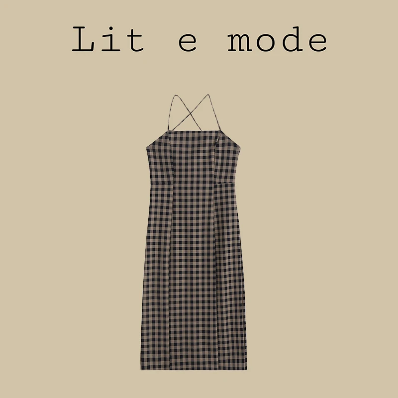 Lit e mode夏季法式气质复古格子吊带连衣裙女长款收腰显瘦打底裙