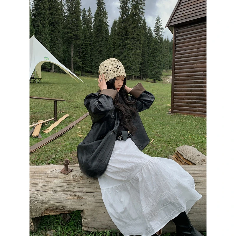 任小艺 小个子拼接撞色皮衣外套女高级感黑色复古设计夹克上衣秋