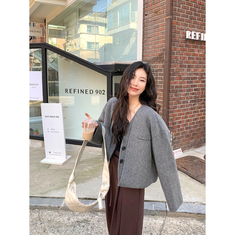 Lit e modeV领100%绵羊毛双面尼大衣女短款宽松韩版羊毛呢外套