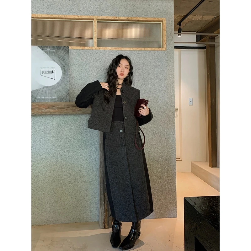 Lit e mode高级感灰色外套包臀半身裙女秋冬新款时尚两件套A1781