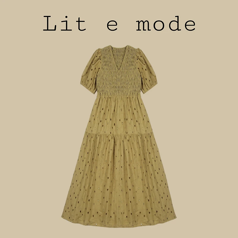 Lit e mode镂空刺绣梨型身材连衣长裙收腰A1658