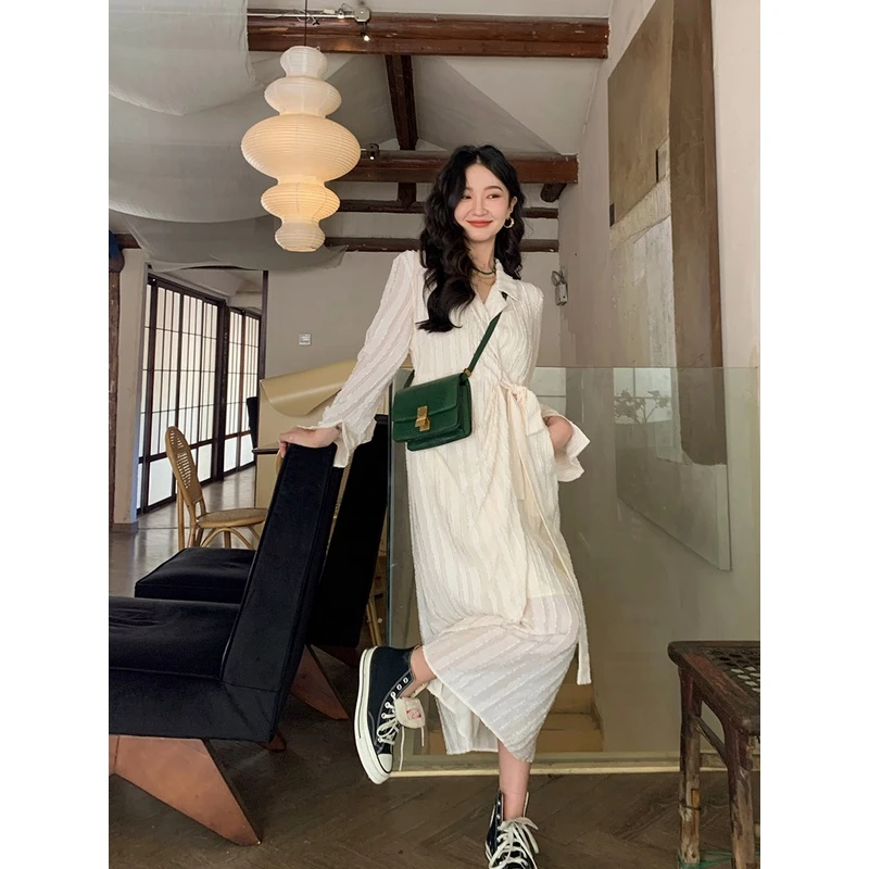 Lit e mode韩系休闲绑带米白色衬衫裙春新款连衣裙小众长裙A1401