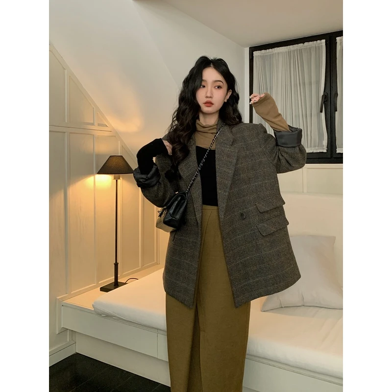 Lit e mode 复古风休闲感格纹毛呢西装外套女秋冬新款加厚大衣