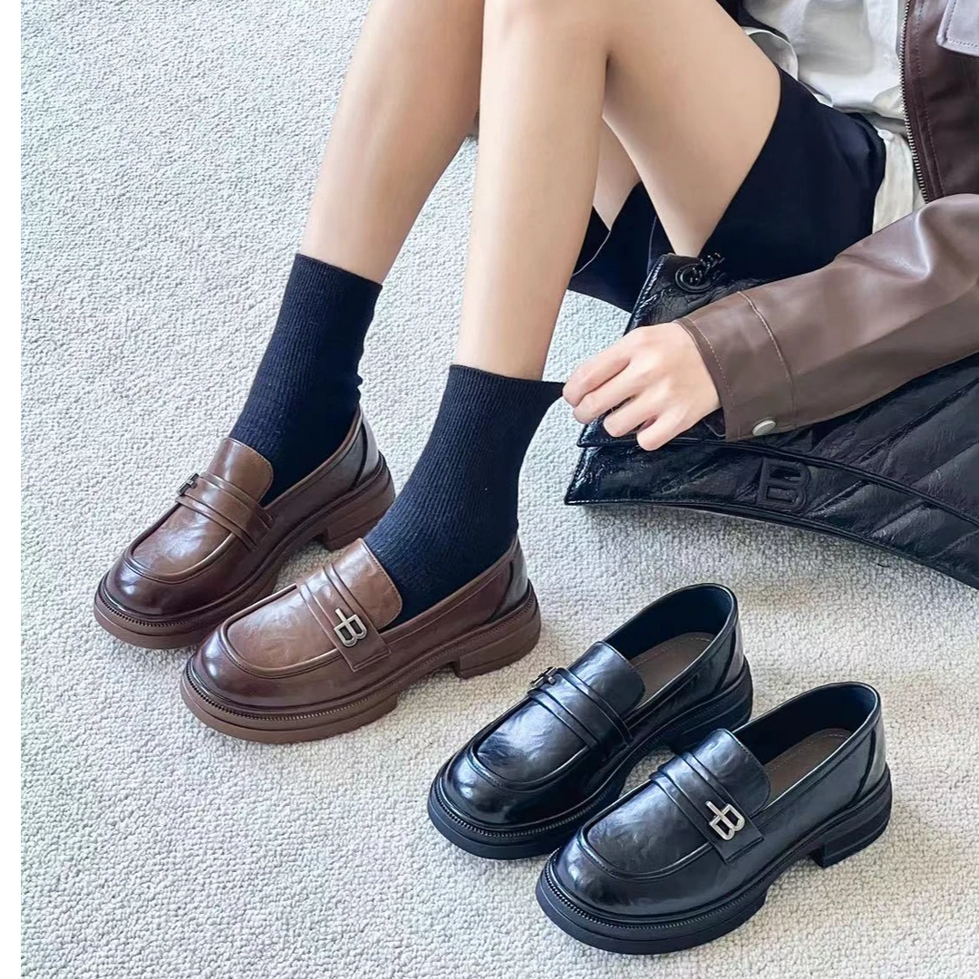 香港真皮乐福鞋女厚底2024春季新款百搭休闲英伦风小皮鞋6602