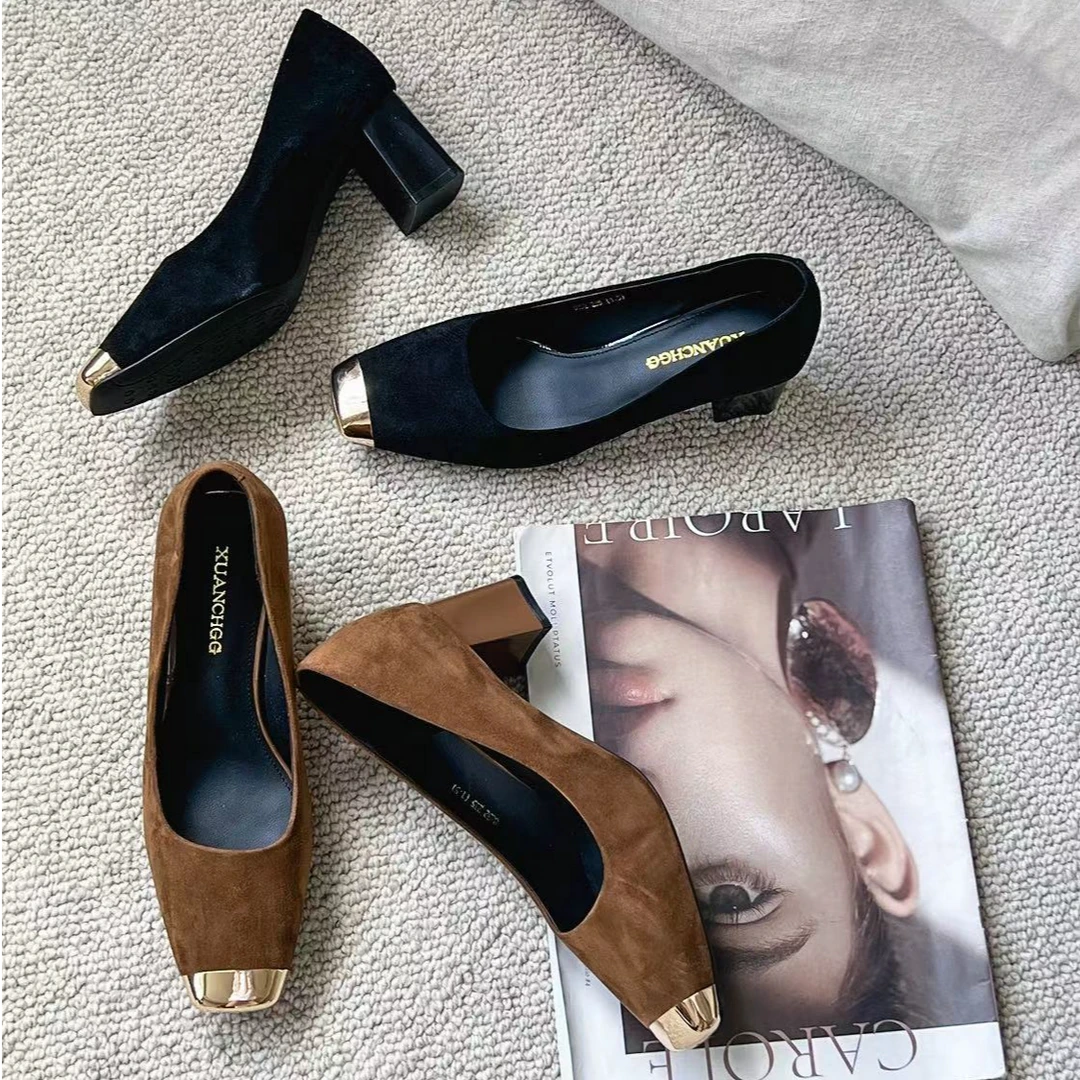 不二 OL职场高冷范 金属方头高跟鞋 气质 粗跟 浅口工作鞋 8852