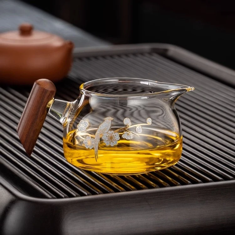 耐热公道杯玻璃功夫茶具木雀公杯木把茶具配件分茶器侧把公杯茶海