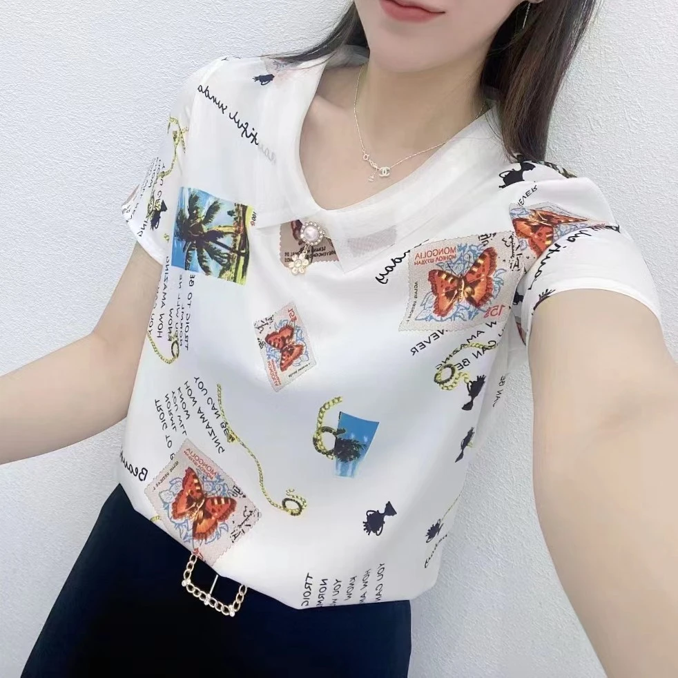 时尚洋气宽松显瘦印花上衣夏季百搭气质女士减龄花色半袖小衫