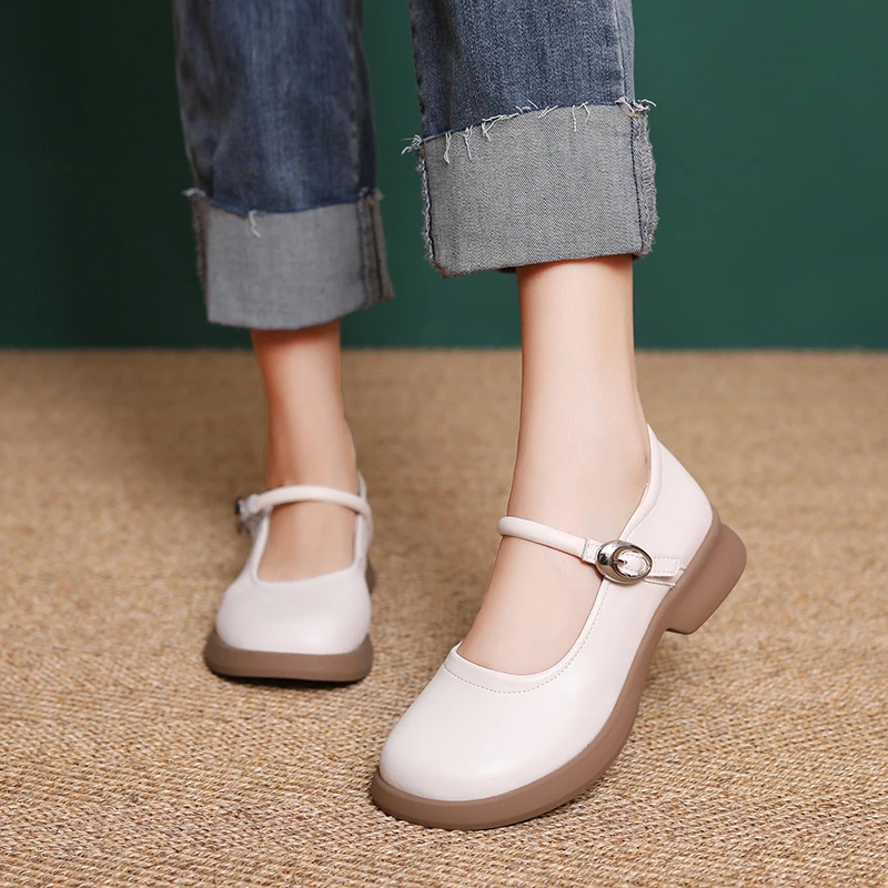 圆头玛丽珍鞋子女新款爆款厚底一字扣小单鞋复古软底软面大头皮鞋