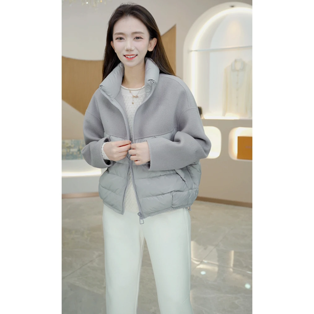 R H 【初雪】复古时尚羊毛拼接羽绒服立领冬季设计师款96086