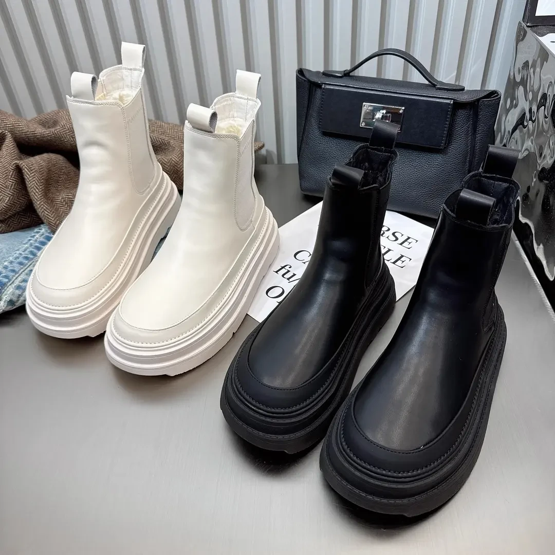 欧货真皮切尔西短靴女2024秋冬季加绒保暖防滑厚底中筒显瘦烟筒靴