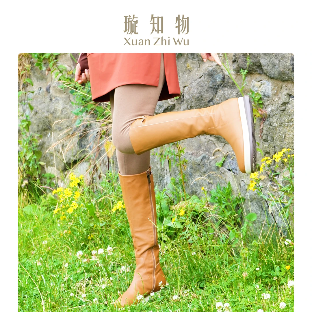 璇知物「Xuan」面包长靴 牛皮4.8cm防滑底 圆头不过膝小个子长筒靴