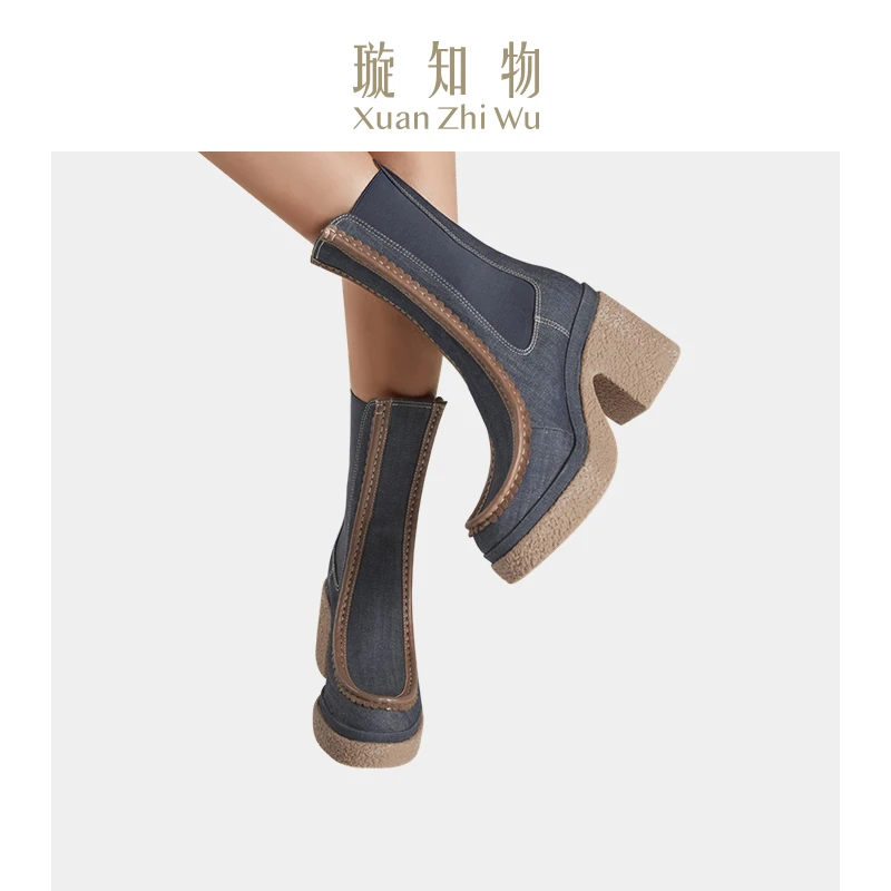 璇知物「Xuan」牛仔纽约靴 王璇原创设计时尚女士法式复古轻奢英伦