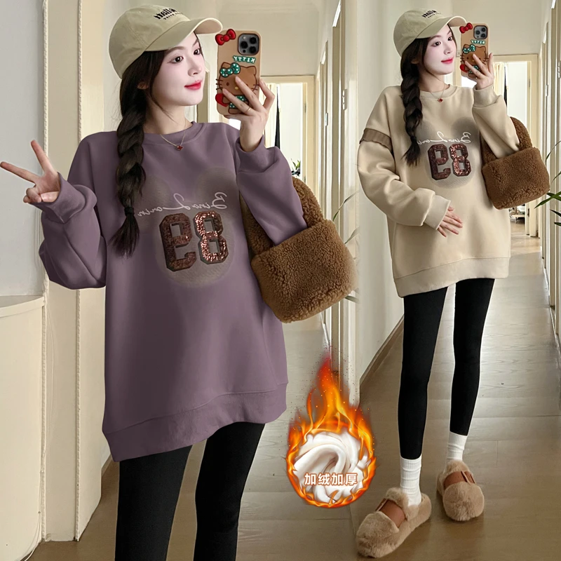 孕妇装秋冬装上衣加绒加厚秋冬新款花边拼接时尚百搭孕妇卫衣外穿