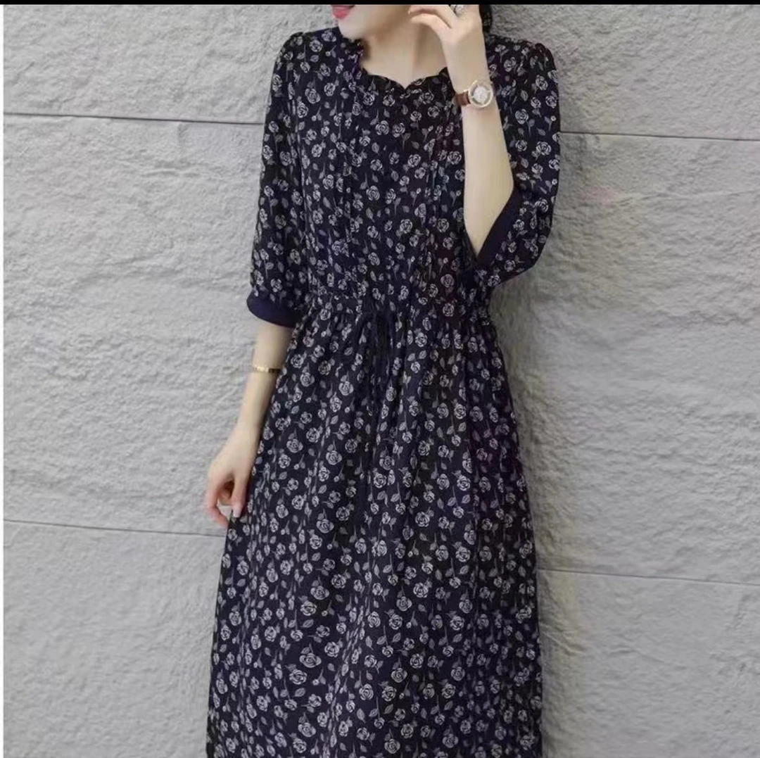 藏蓝玫瑰新款气质修身时尚休闲夏季高端大气大码妈妈装连衣裙