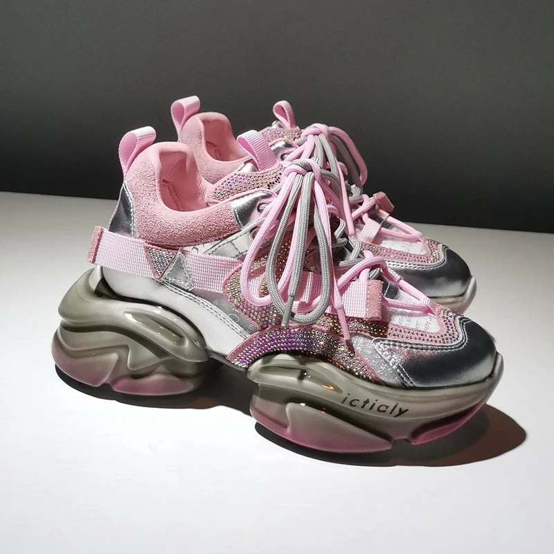 头层牛皮CONIEL内增高8CM厚底休闲运动老爹鞋水钻透气网单鞋女潮