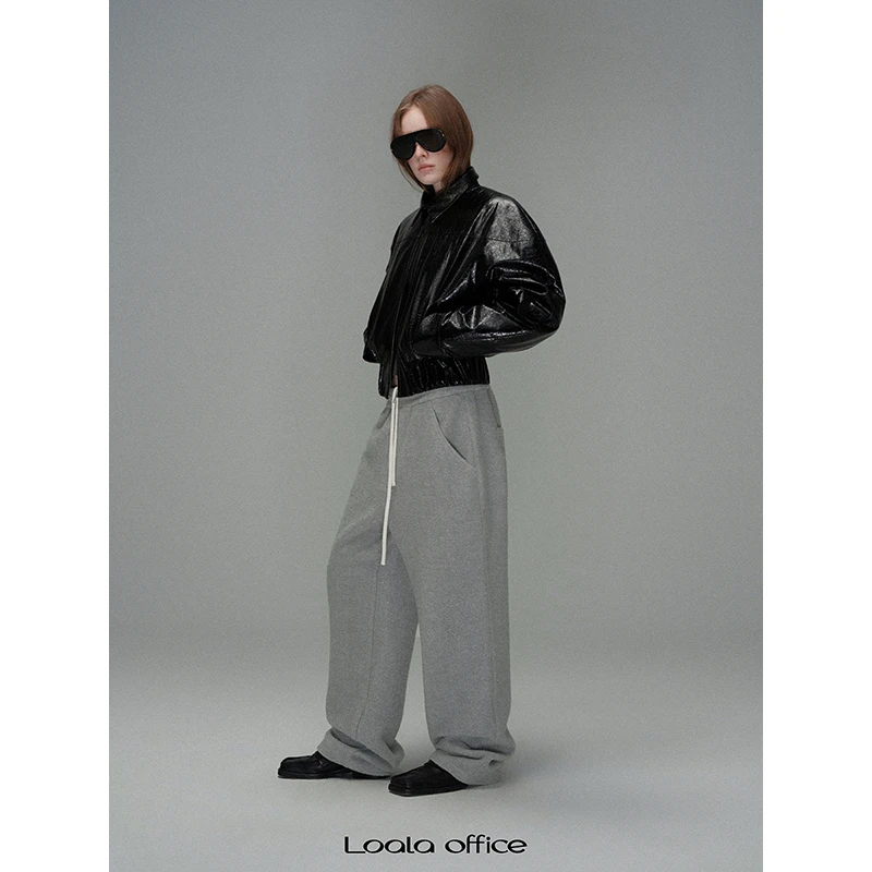 Loala office 圈圈毛抽绳松紧腰直筒卫裤