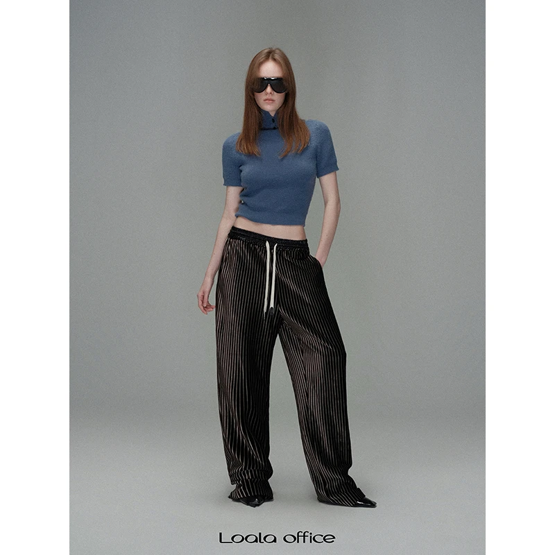 Loala office 黑白条纹拼皮松紧腰丝绒休闲老爹裤