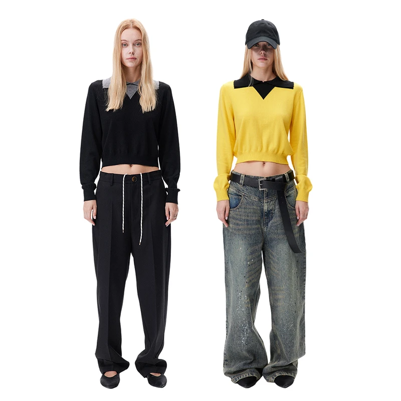 Loala office 绵羊毛假两件翻领撞色针织衫