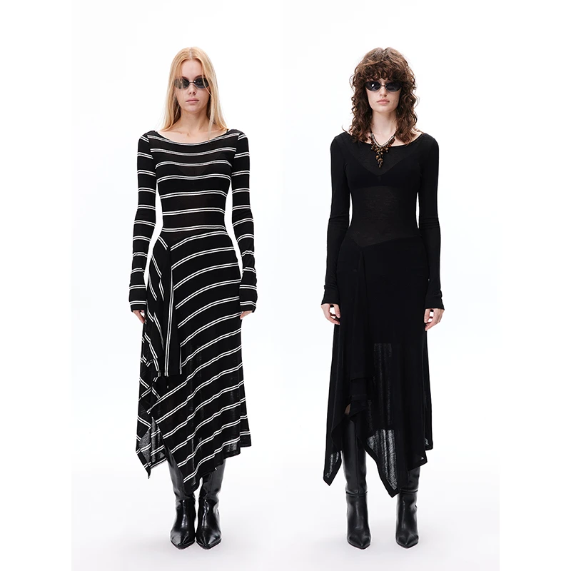 Loala office 天丝羊毛横开领不规则下摆连衣长裙