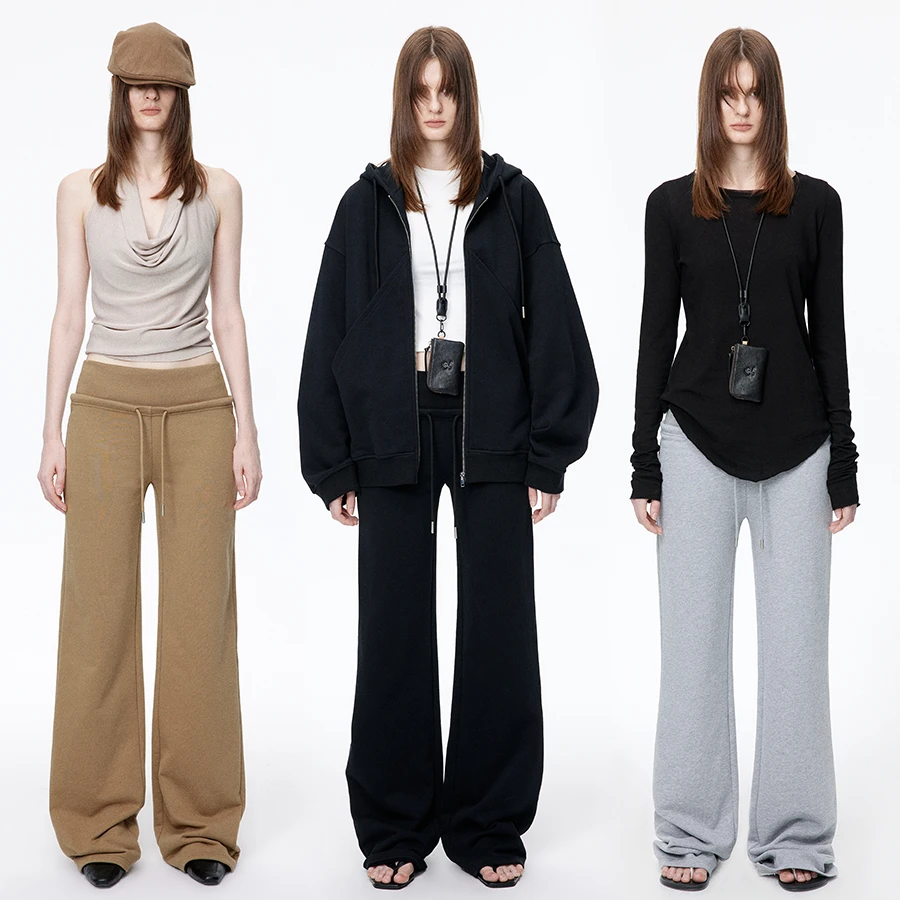 Loala office 小众抽绳宽腰头松紧腰直筒休闲运动卫裤