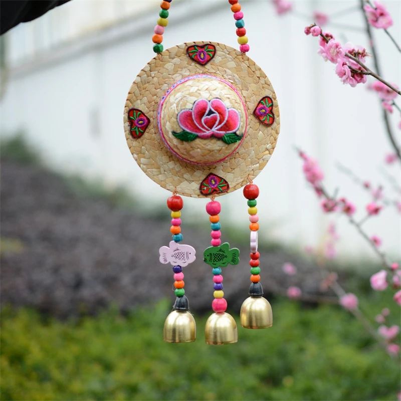 云南民族风草编草帽风铃特色手工家居玄关壁挂农家乐民宿墙面挂件