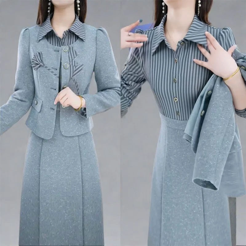 时尚小香风套装裙女2025年秋季新款休闲外套条纹拼接连衣裙两件套