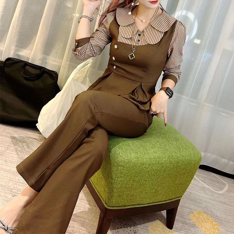 新款气质时尚洋气套装女2025秋季显瘦拼接条纹衬衣微喇裤两件套潮