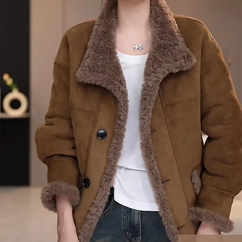 绒面保暖2025冬季新款小个子皮毛一体可立领翻领韩版美拉德短外套