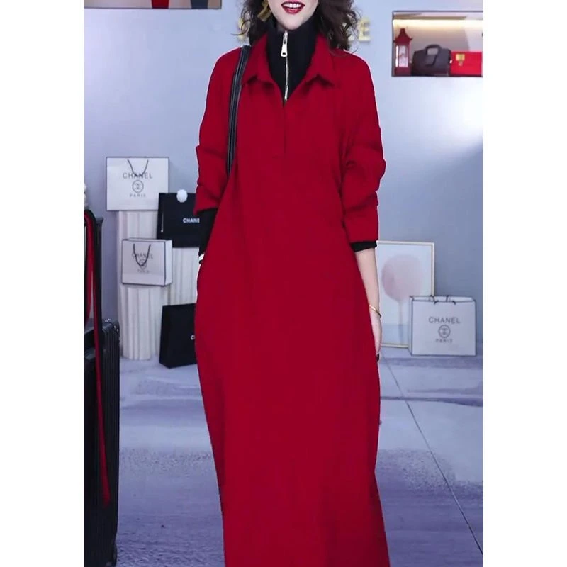 大码假两件连衣裙女2025秋冬新款气质百搭收腰显瘦撞色中长款裙子