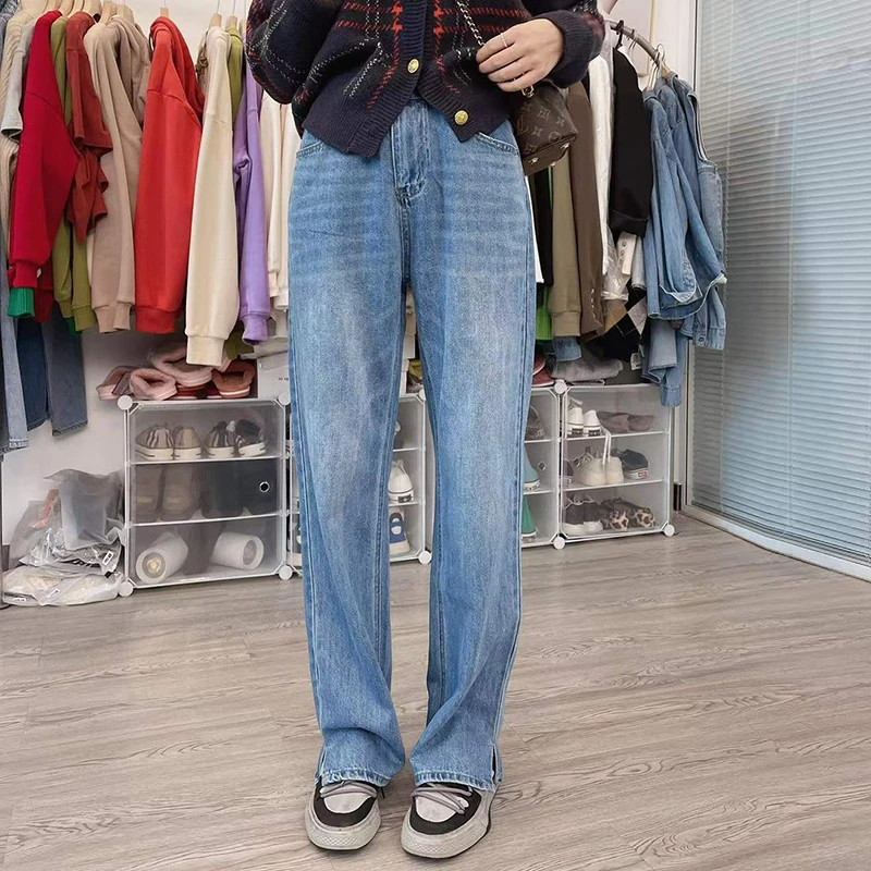 2023年新款秋冬季高腰开叉牛仔裤女宽松显瘦直筒长裤拖地阔腿裤子