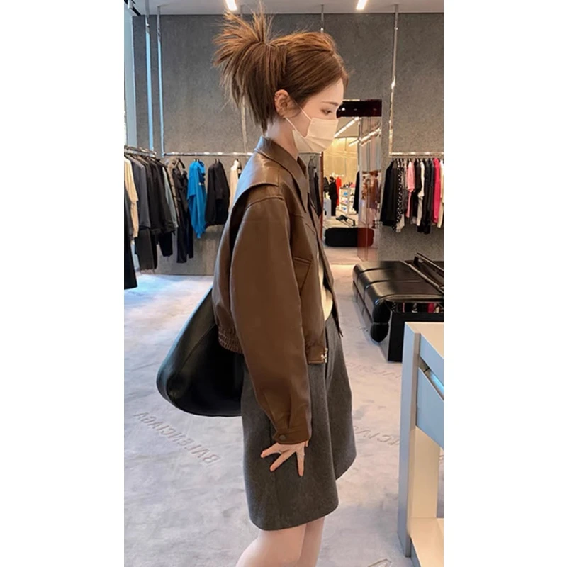 秋冬复古机车服短款棕色痞帅皮衣美式休闲夹克外套早秋新款2023年