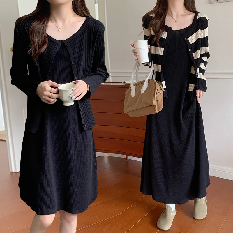 大码女装洋气外套胖mm显瘦针织开衫吊带连衣裙套装2025春装新款