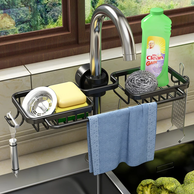 新疆包邮厨房水龙头置物架洗碗水池钢丝球沥水篮海绵刷抹布收纳架