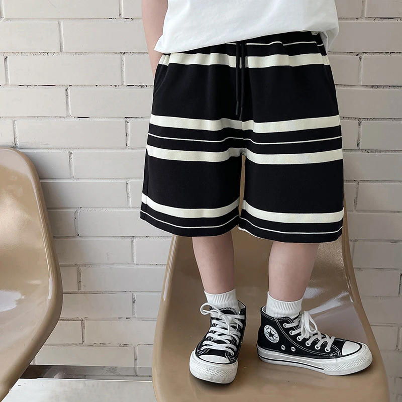 阿己鹿2025儿童夏装韩版宝宝休闲裤中大童装条纹腰绳男童短裤潮
