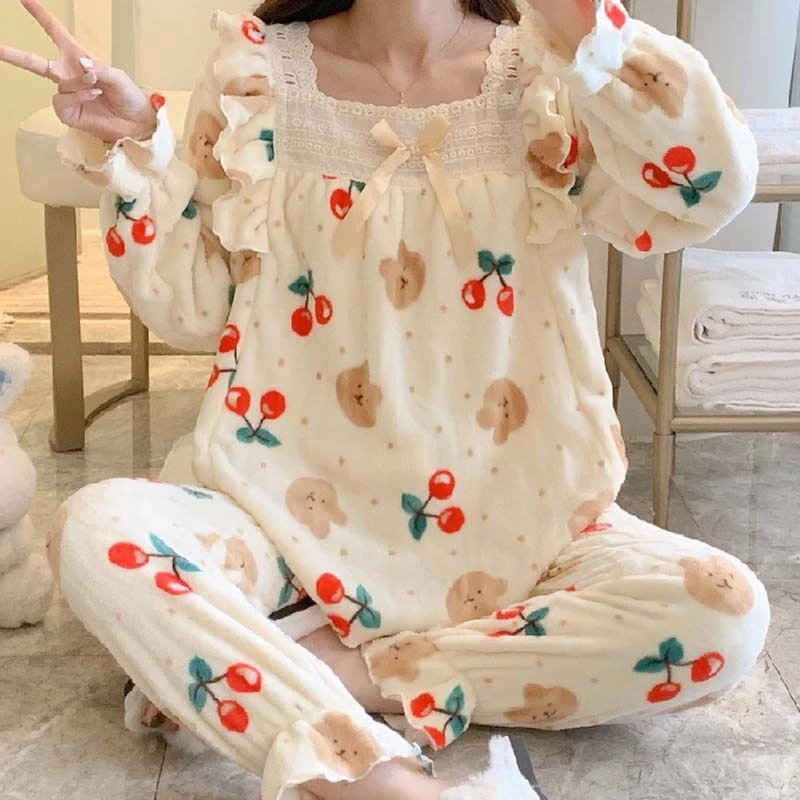 秋冬珊瑚绒睡衣女冬季加厚保暖法兰绒韩版公主甜美可爱家居服套装