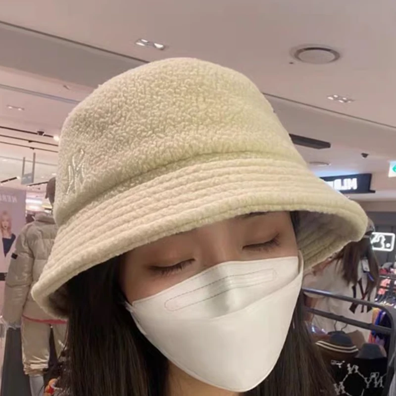 MLB韩国MLB帽子NY洋基队保暖羊羔毛渔夫帽冬季新休闲盆帽字母男女