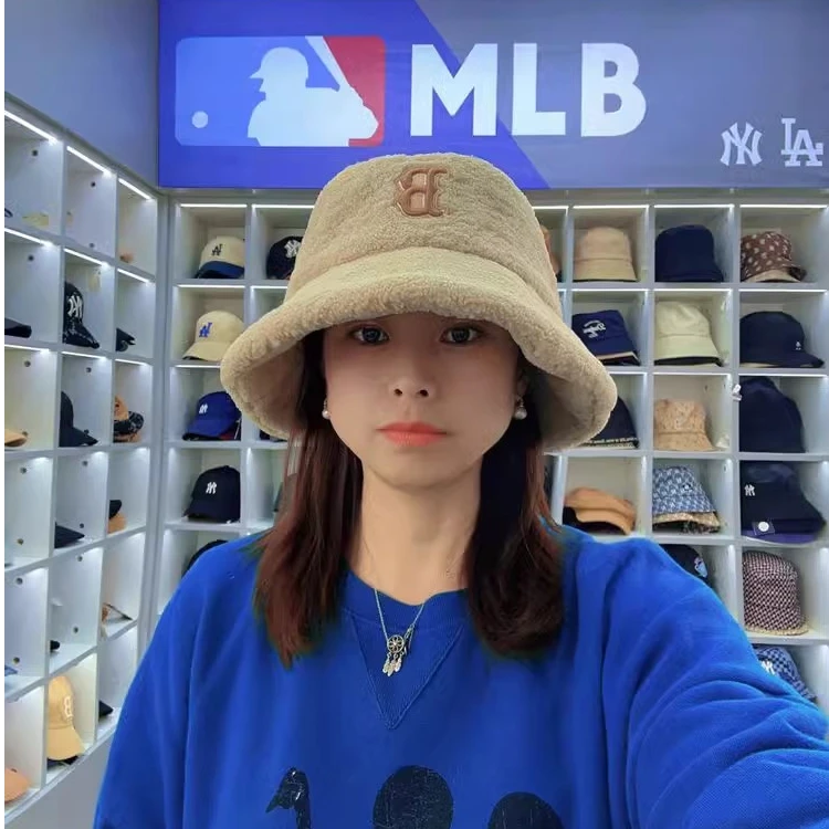 MLB韩国MLB帽子仿羊羔毛保暖渔夫帽NY洋基队字母圆顶盆帽男女帽