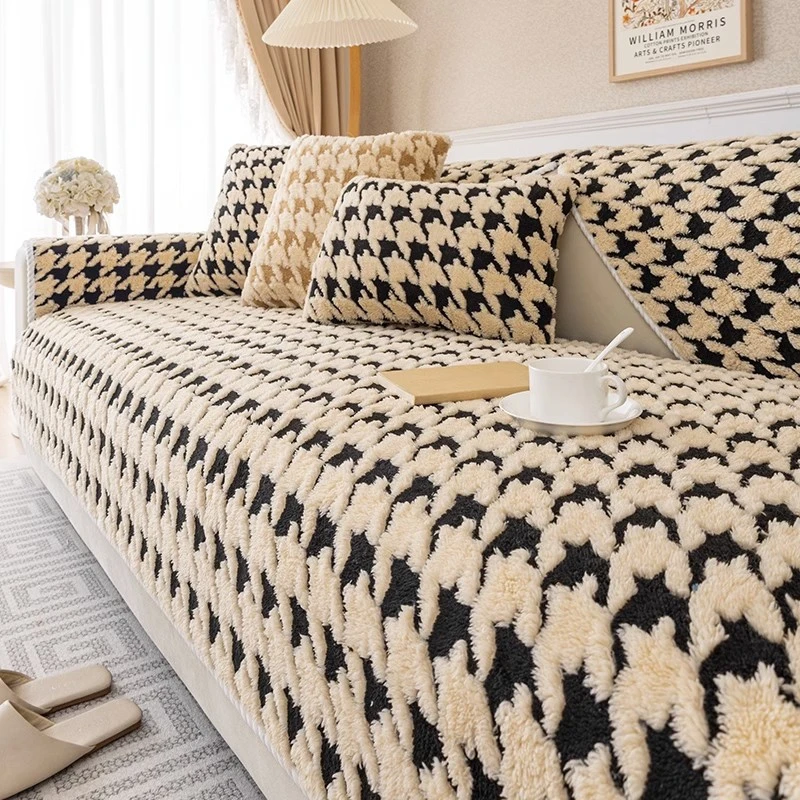 【千意】千鸟格冬季加厚毛绒坐垫防滑皮沙发套罩盖盖布巾四季家用