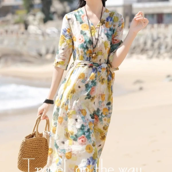 春夏新款文艺减龄洋气印花系带收腰显瘦过膝大摆纯棉碎花连衣裙女