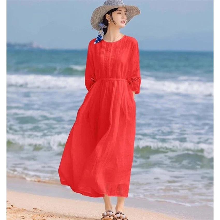 春夏装新款高端薄款刺绣时尚圆领旅行文艺立领中袖中长款连衣裙女