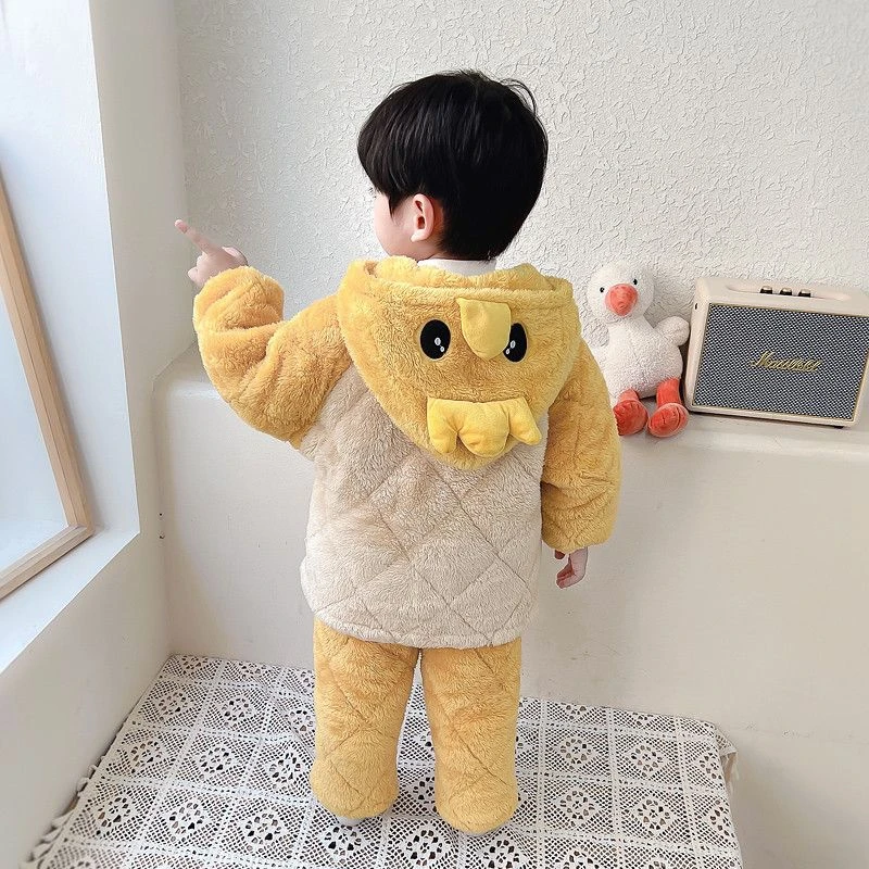 儿童睡衣冬季加厚款男童珊瑚绒男孩三层夹棉冬款加绒家居服